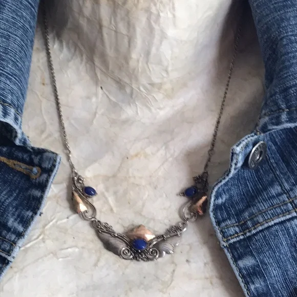 Antique Art Nouveau Sterling Silver and Gold-tone Lapis Necklace - Picture 3 of 10